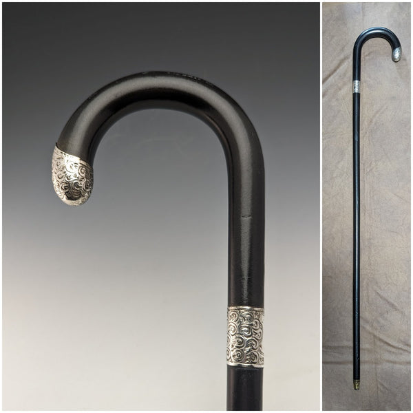 1921 British Antique Men's Cane Sterling Silver Decoration Black Shaft 92cm